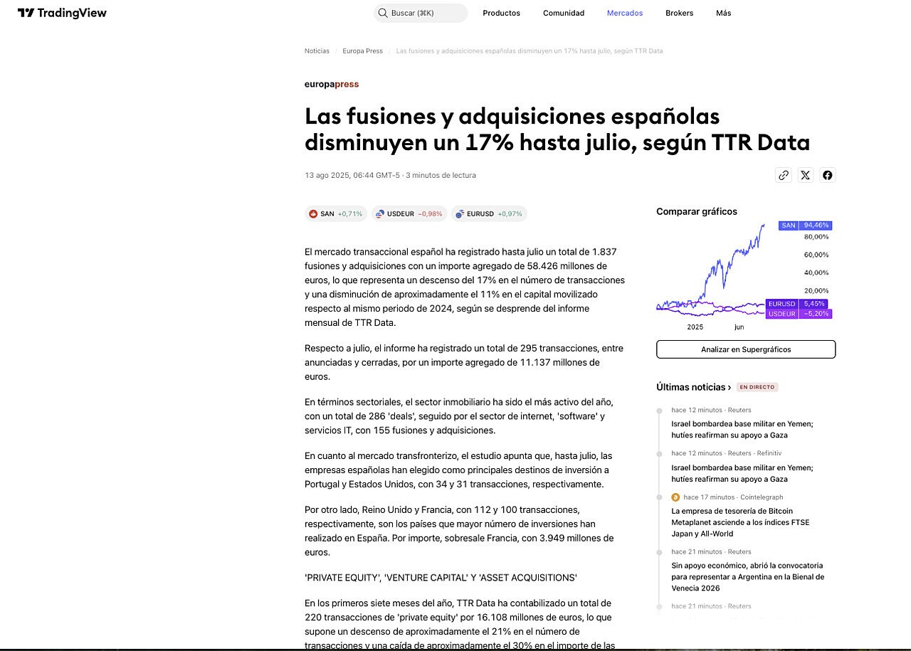 Las fusiones y adquisiciones espaolas disminuyen un 17% hasta julio, segn TTR Data